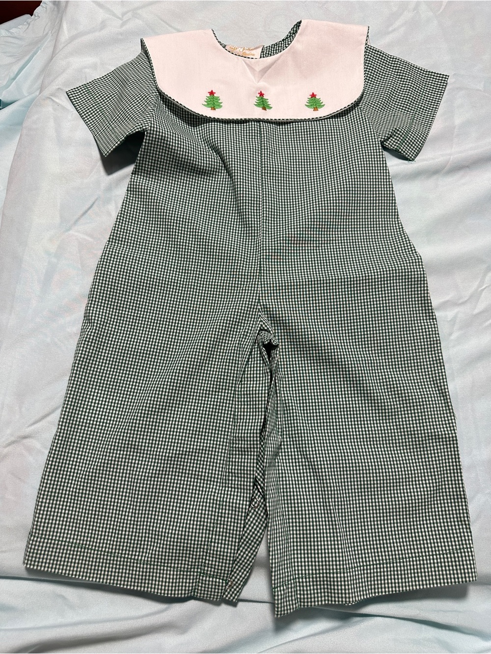 Green Gingham Child's Romper with white Embroidered Yoke